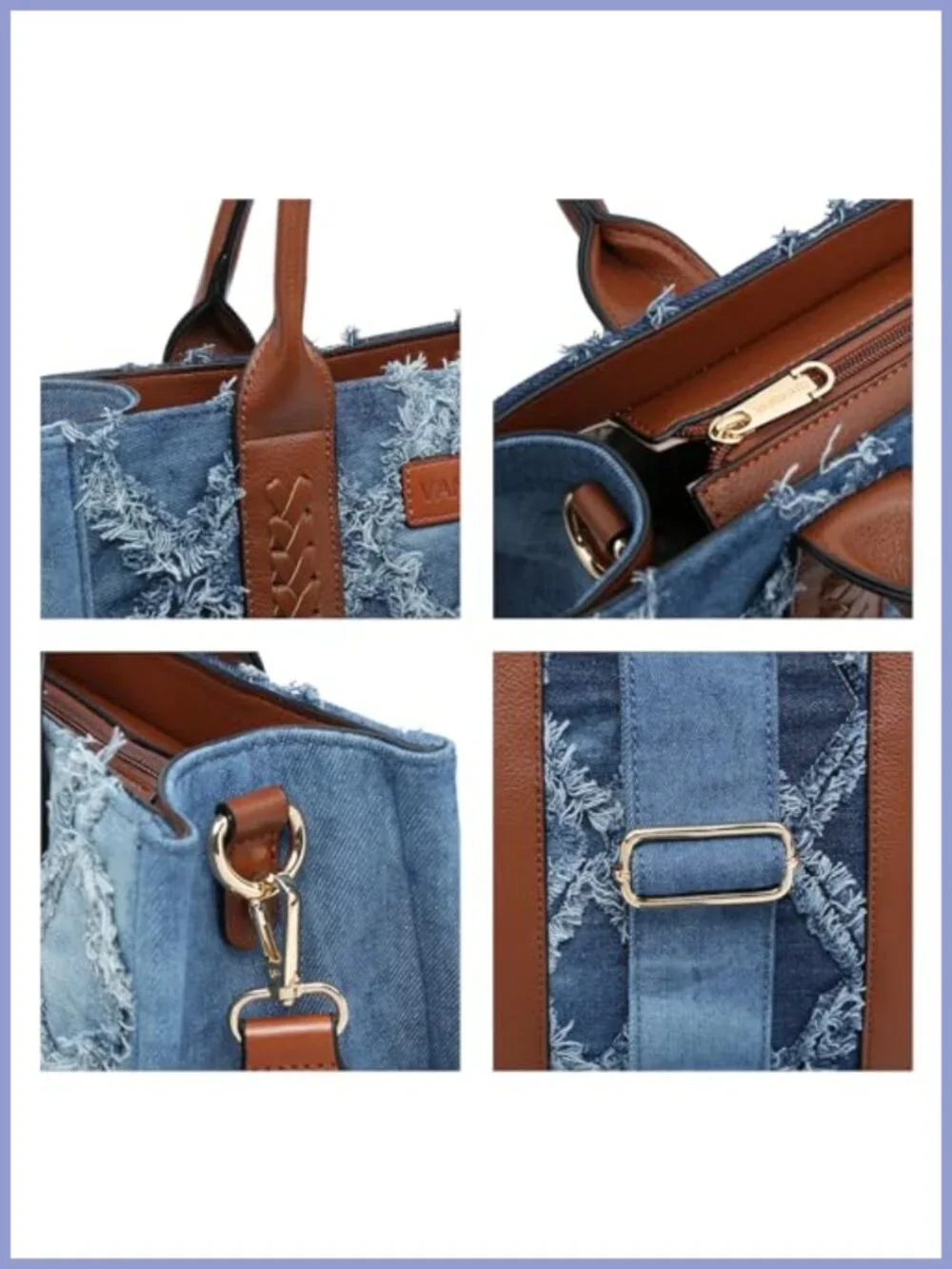Denim Tote Bag Vegan Leather Satchel Purse with Wristlet